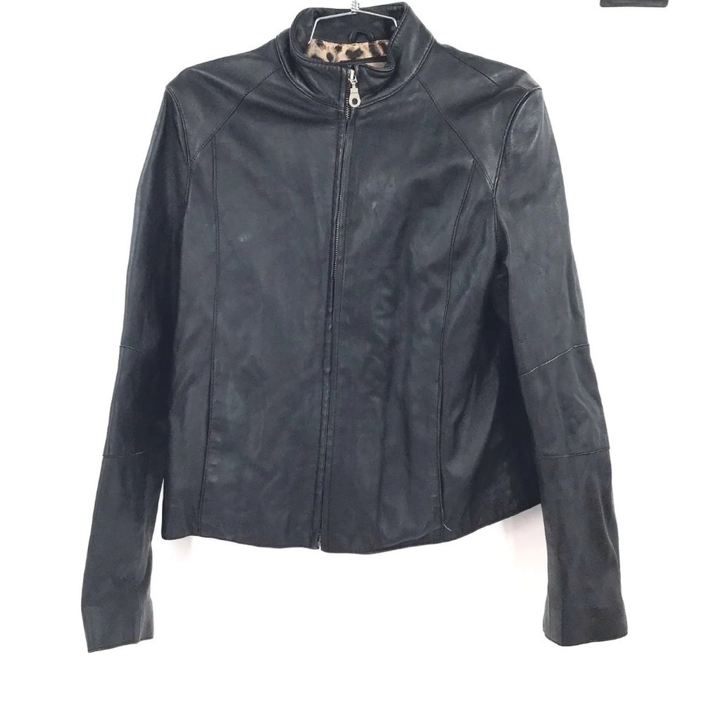 Wilson’s Leather Black Leather Leopard Jacket Size Large
